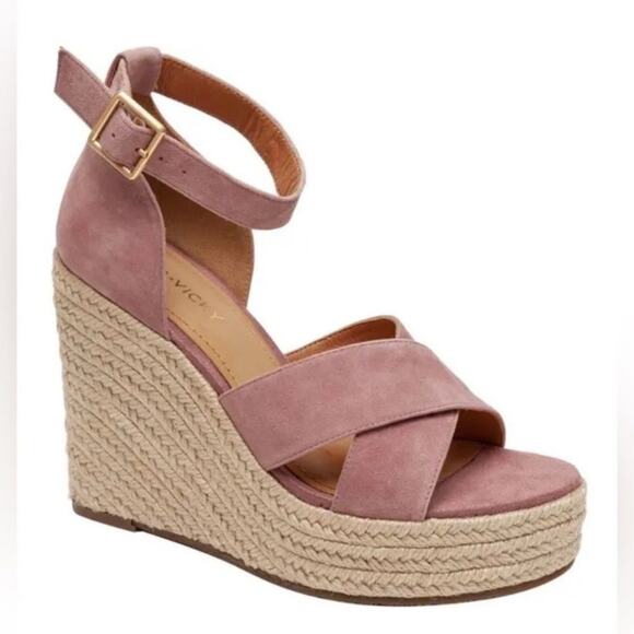 Lisa Vicky Gemi V Dusty Pink Kid Suede Wedge Espadrille Heel Sandal - Picture 1 of 13